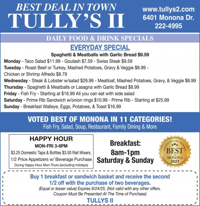 Daily Food & Drink Specials, Tully's II Food & Spirits, Monona, WI