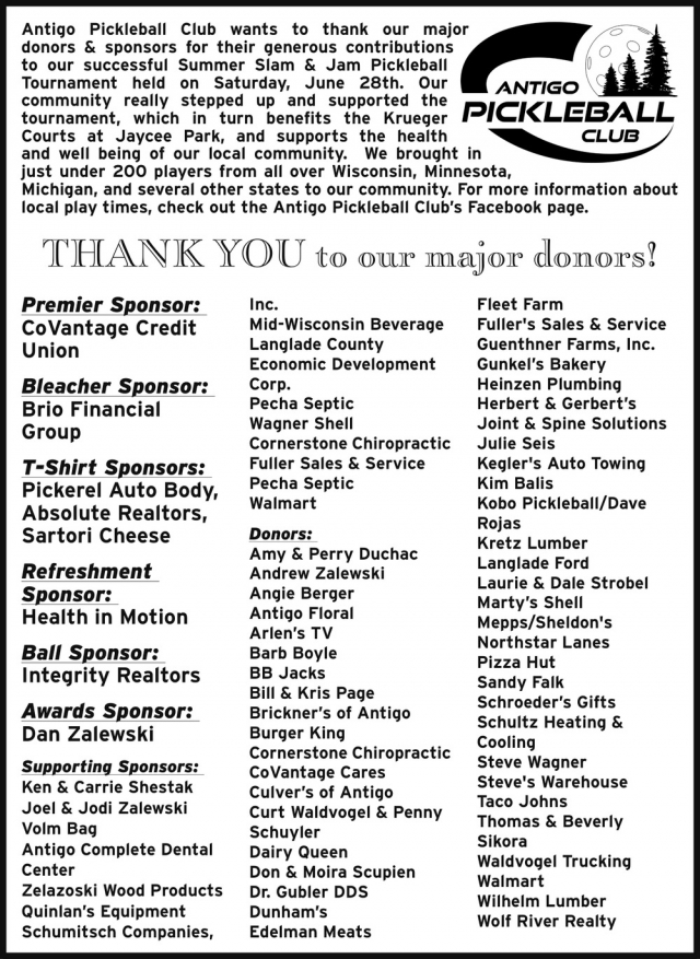 Thank You to Our Major Donors!, Antigo Pickleball Club, Antigo, WI