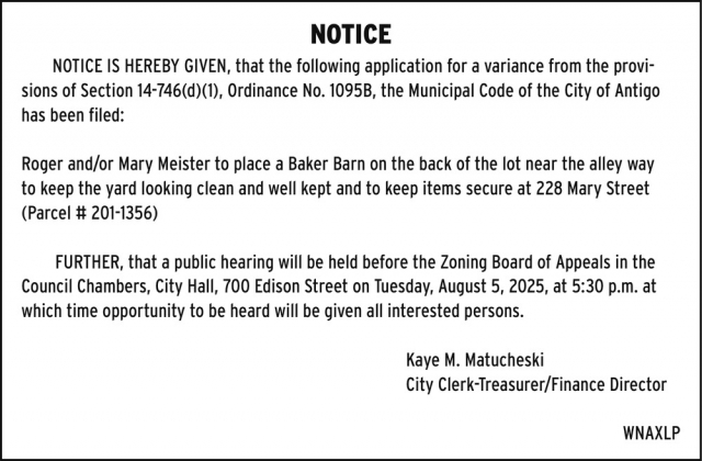 Notice, City of Antigo, Antigo, WI