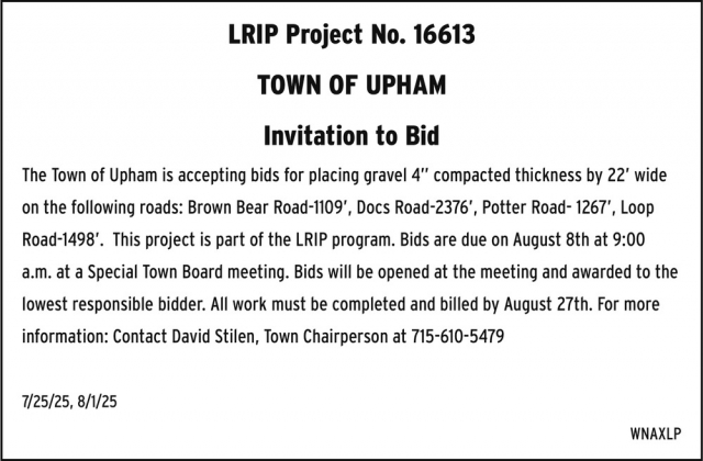 Invitation to Bid, Town of Upham, Summit Lake, WI