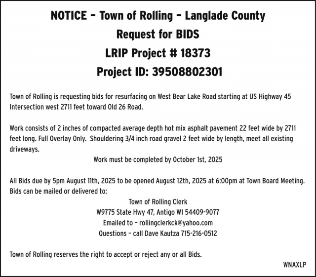 Request for Bids, Town of Rolling