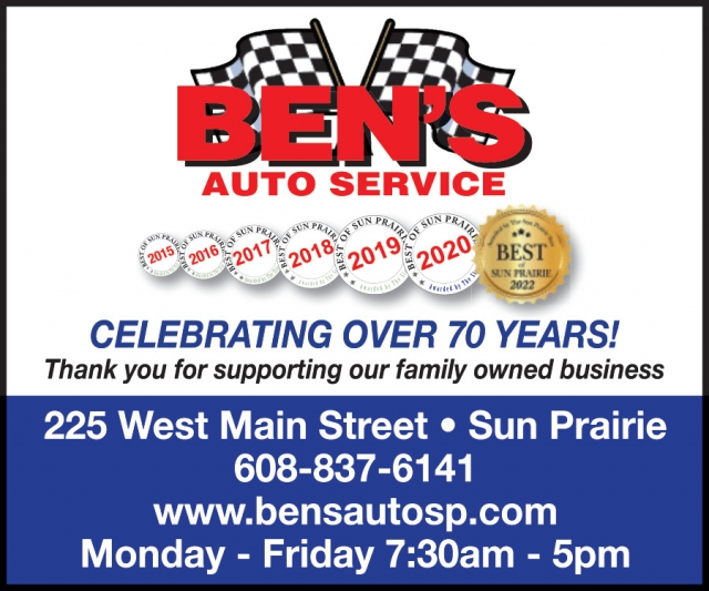 Celebrating 70 Years!, Ben's Auto Service, Sun Prairie, WI