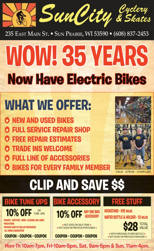 Now Have Electric Bikes, Sun City Cyclery & Skates, Sun Prairie, WI