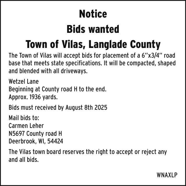 Notice, Town of Vilas