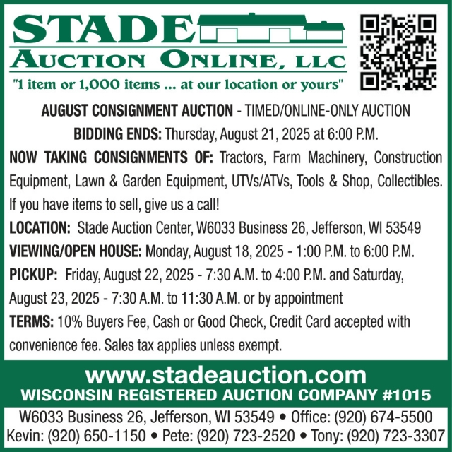 August Consignment Auction, Stade Auction Online, LLC, Johnson Creek, WI