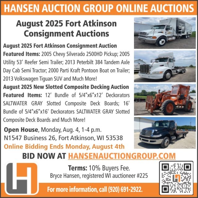 Hansen Auction Group Online Auctions, Hansen Auction Group, Downing, WI