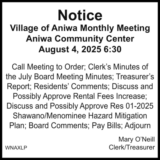 Notice, Village of Aniwa Monthly Meeting at Aniwa Community Center, Aniwa, WI
