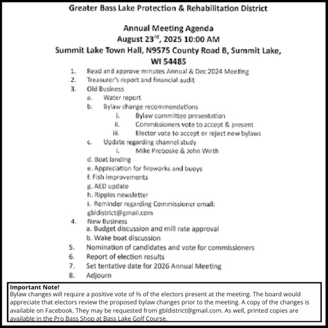 Annual Meeting Agenda, Greater Bass Lake Protection & Rehabilitation District Annual Meeting Agenda (August 23, 2025)