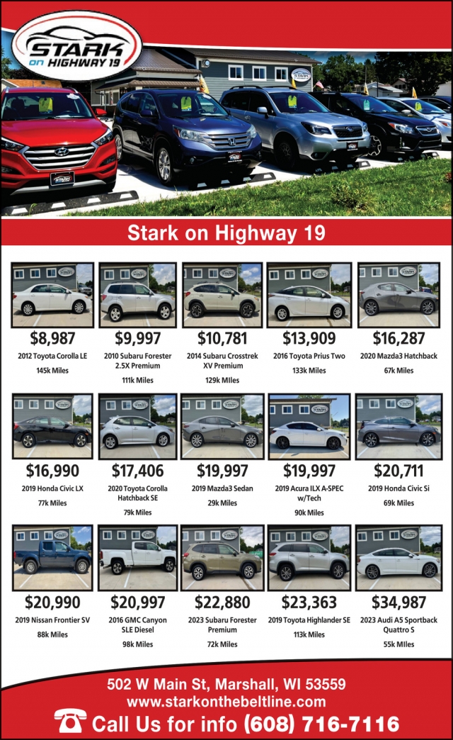 Cars for Sale, Stark on Highway 19, Marshall, WI