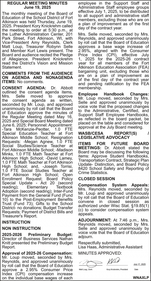 Regular Meeting Minutes, School District of Fort Atkinson, Fort Atkinson, WI