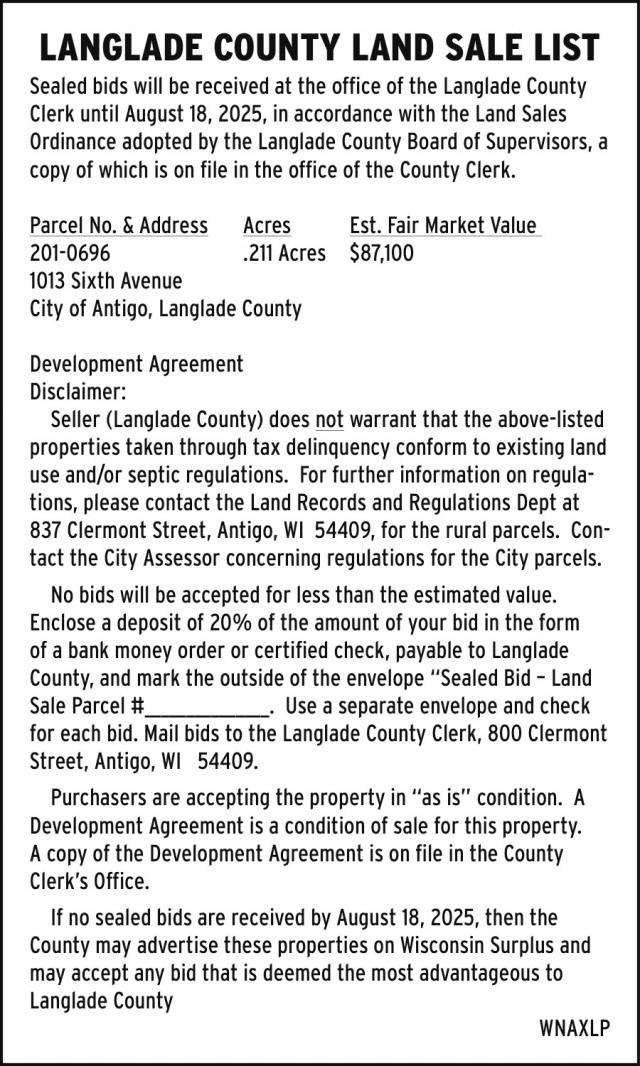 Land Sale List, Langlade County