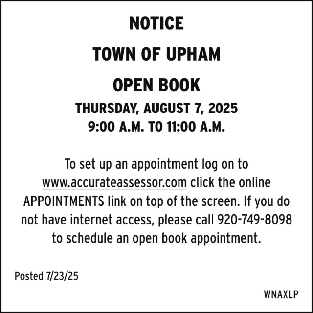 Notice, Town of Upham, Summit Lake, WI