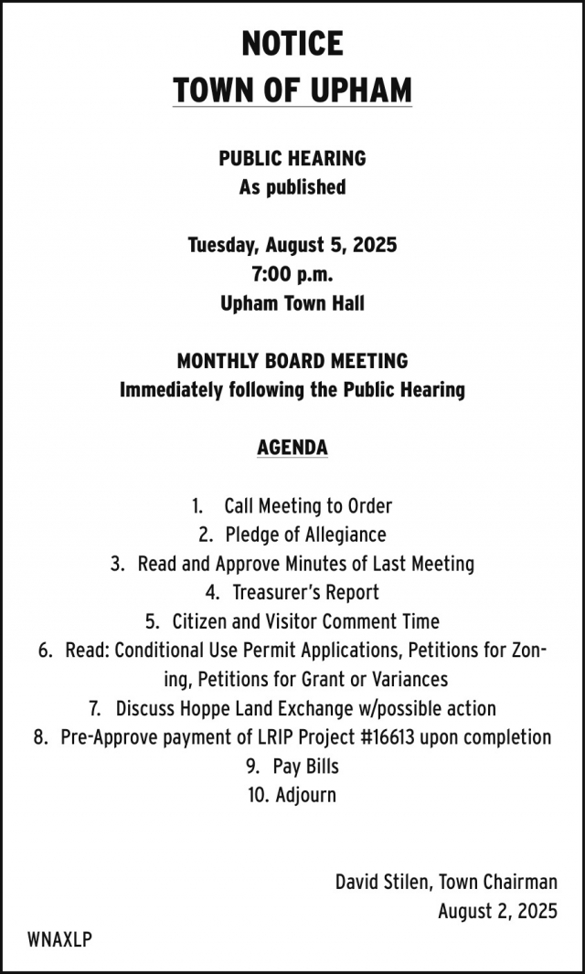 Notice, Town of Upham, Summit Lake, WI