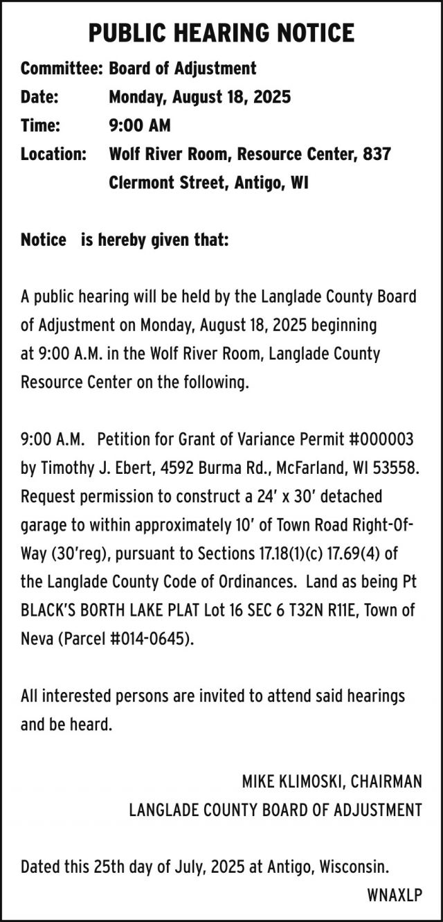 Public Hearing Notice, Langlade County Board of Adjustment