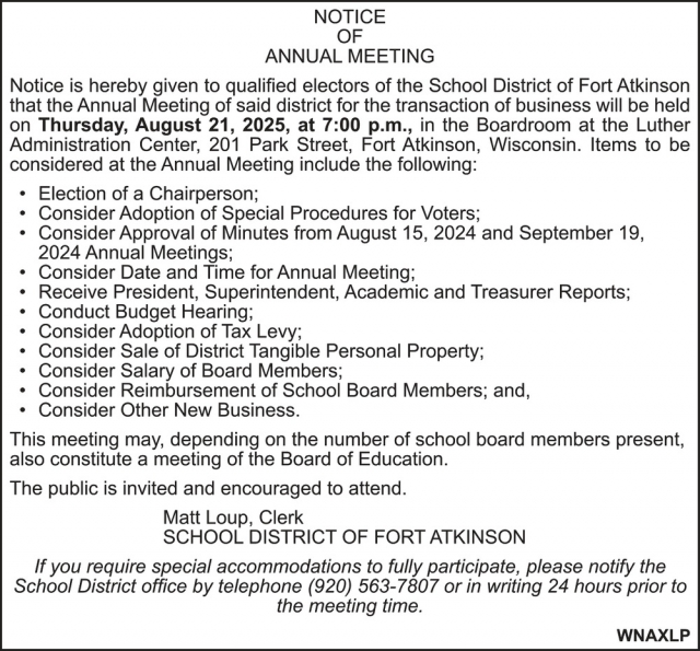 Notice of Annual Meeting, School District of Fort Atkinson, Fort Atkinson, WI