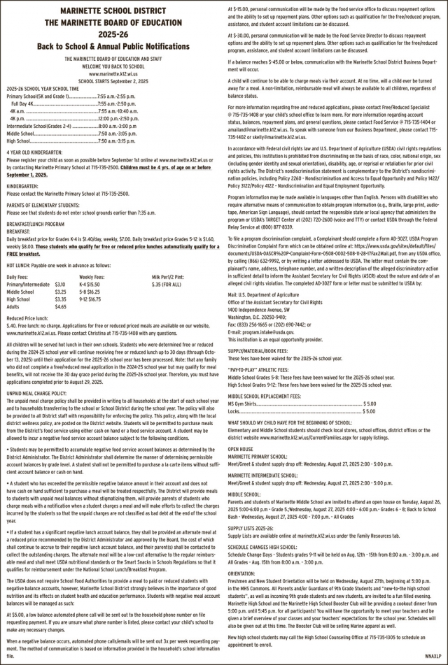 Back to School & Annual Public Notifications, Marinette School District, Marinette, WI