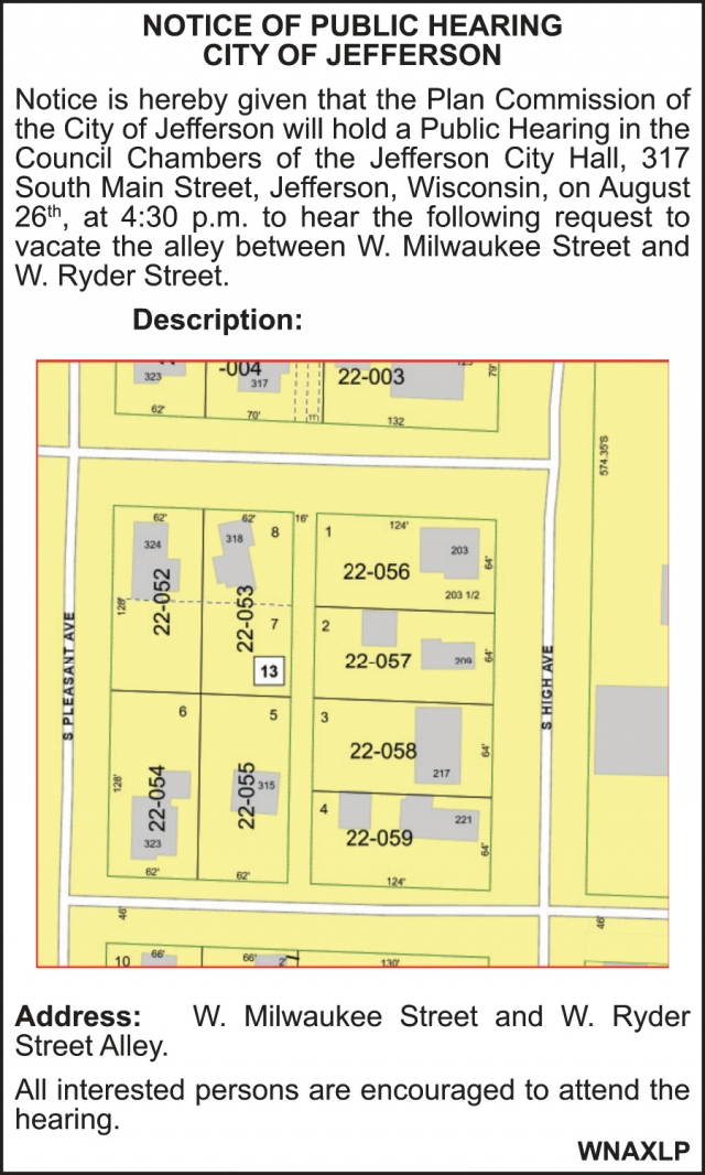 Notice of Public Hearing, City Of Jefferson, Jefferson, WI