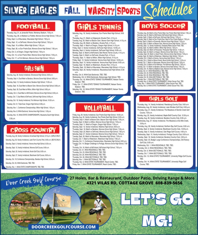 Silver Eagles Fall Varsity Sports Schedules, Door Creek Golf Course, Cottage Grove, WI