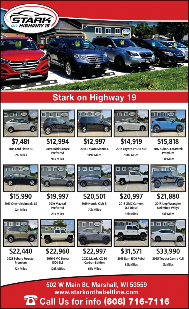 Cars for Sale, Stark on Highway 19, Marshall, WI