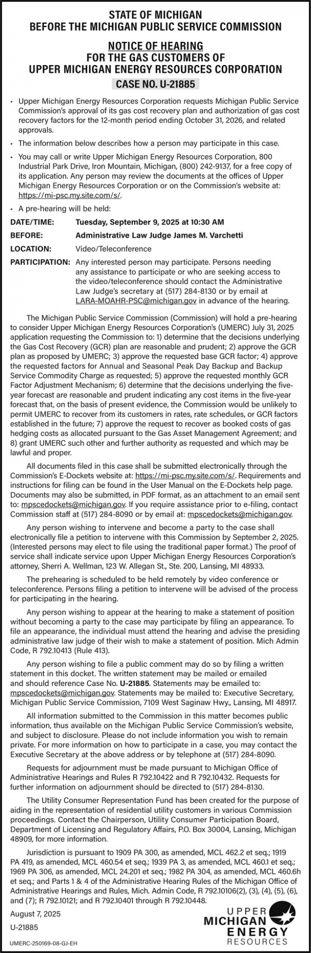 Notice, Upper Michigan Energy Resources