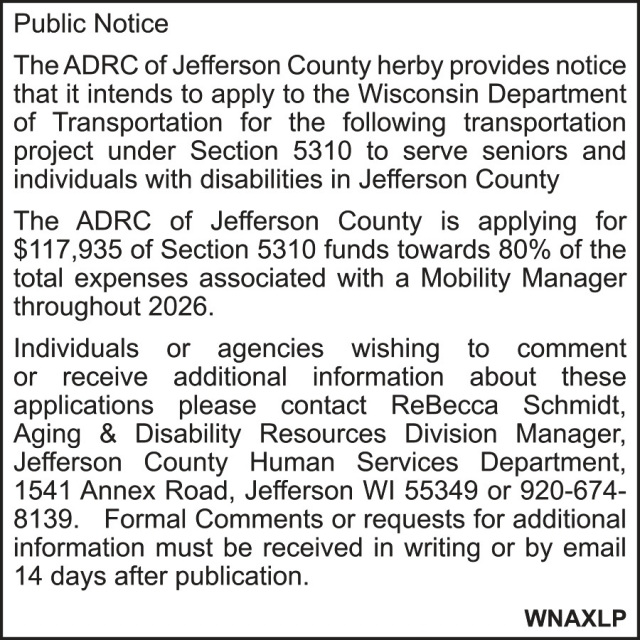 Public Notice, Jefferson County, Jefferson, WI