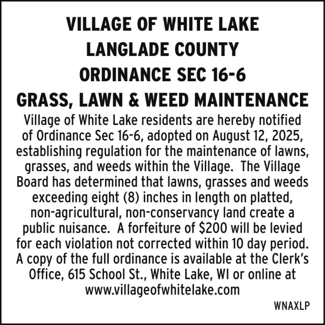 Notice, Village of White Lake, White Lake, WI