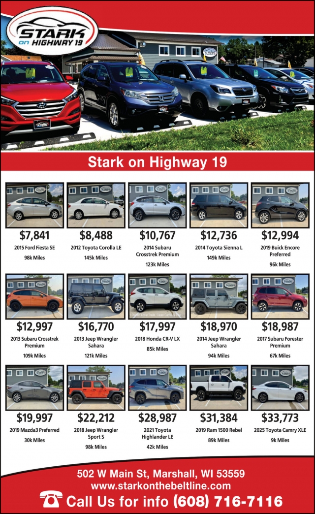 Cars for Sale, Stark on Highway 19, Marshall, WI
