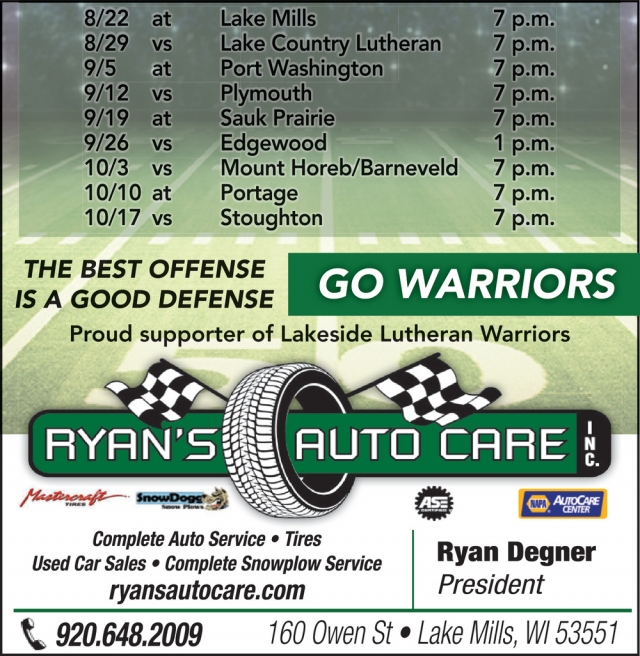 Go Warrios!, Ryan's Auto Care, Inc., Lake Mills, WI