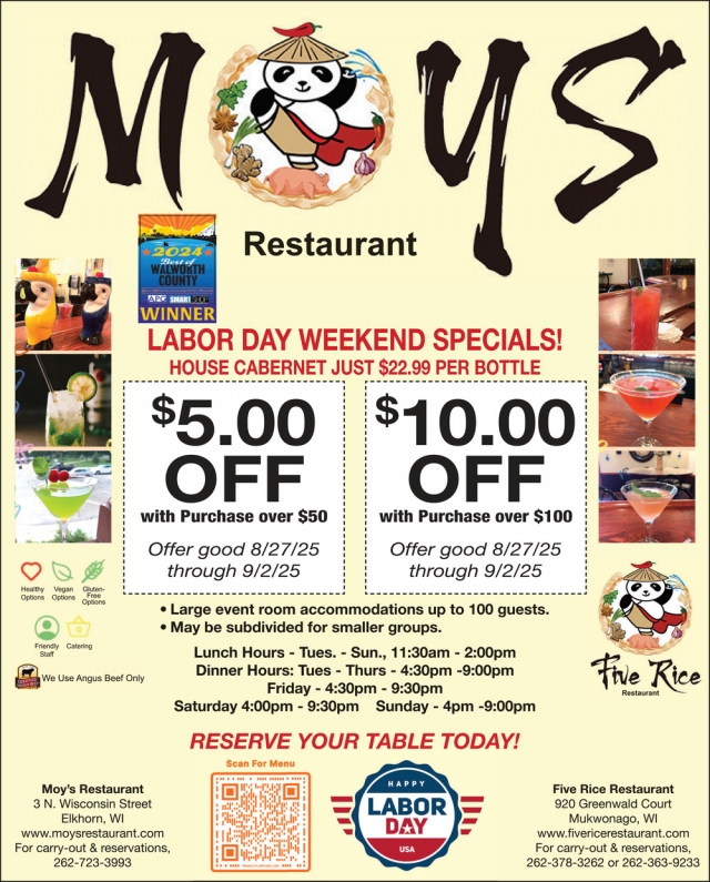 Labor Day Weekend Specials!, Moy's Restaurant, Elkhorn, WI