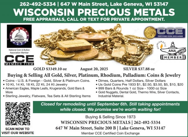 Buying & Selling All Gold, Silver, Platinum, Wisconsin Precious Metals Refinishing Services, Lake Geneva, WI