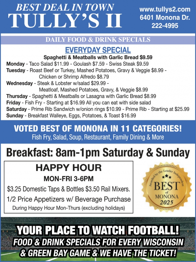 Daily Food & Drink Specials, Tully's II Food & Spirits, Monona, WI