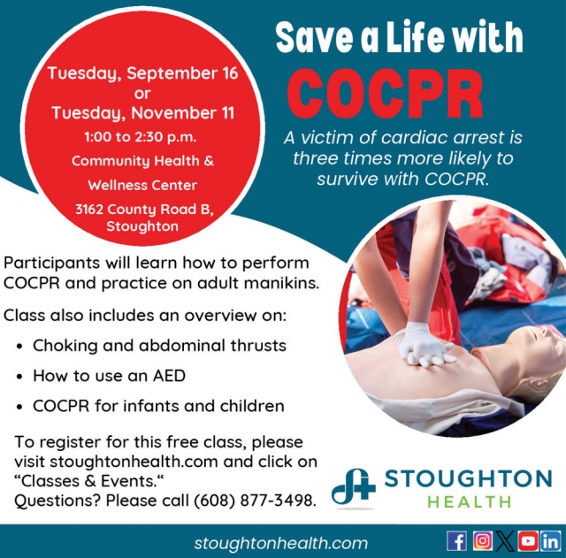 Save a Life with COCPR, Stoughton Health, Stoughton, WI
