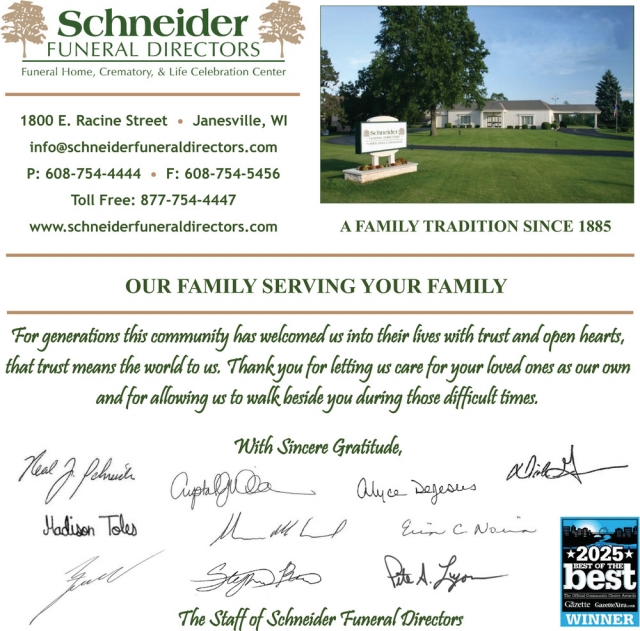 Our Family Serving Your Family, Schneider Funeral Directors, Janesville, WI