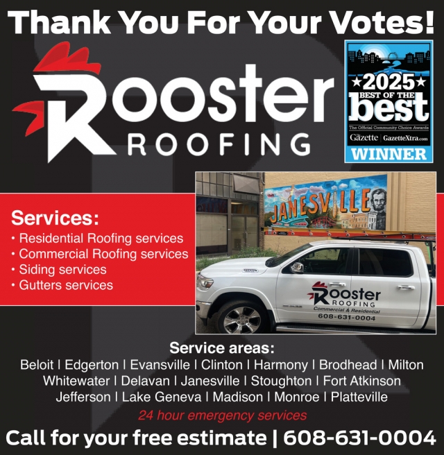 Thank You for Your Votes, Rooster Roofing, Janesville, WI
