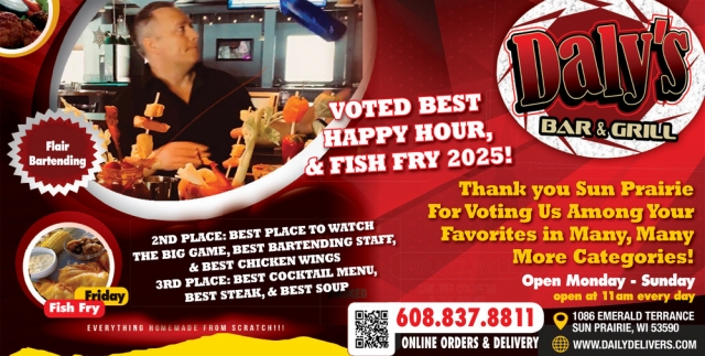 Voted Best Happy Hour, Daly's Bar & Grill, Sun Prairie, WI