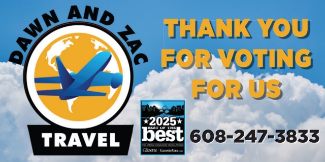 Thank You for Voting for Us, Dawn and Zac Travel, Janesville, WI
