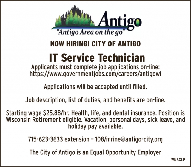 IT Service Technician, City of Antigo, Antigo, WI