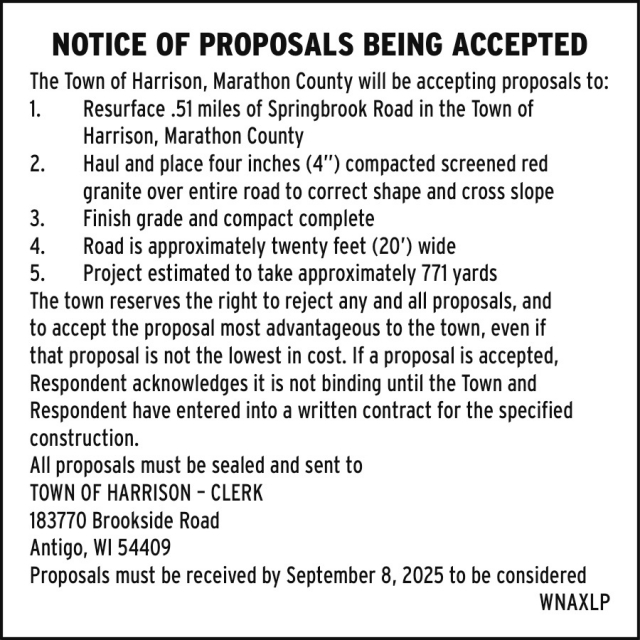 Notice of Proposals Being Accepted, Town of Harrison