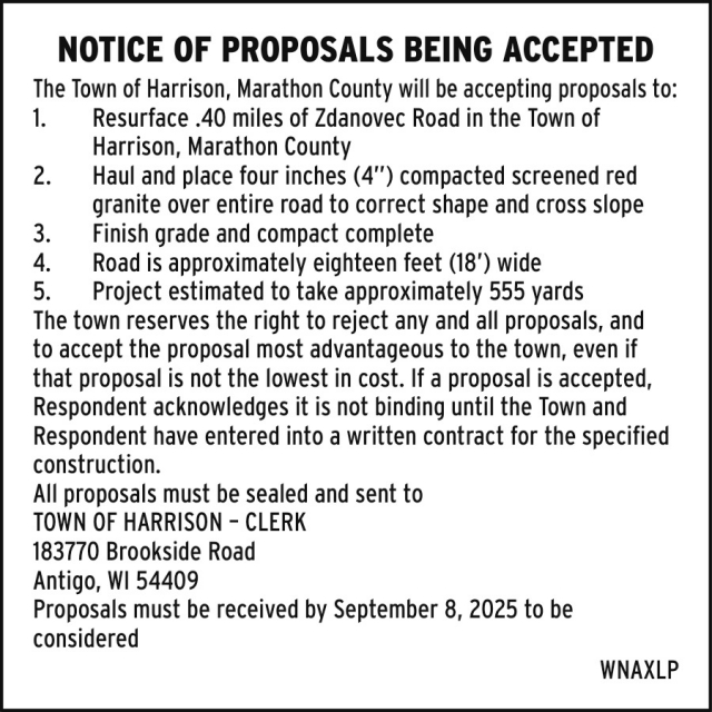 Notice of Proposals Being Accepted, Town of Harrison, Antigo, WI