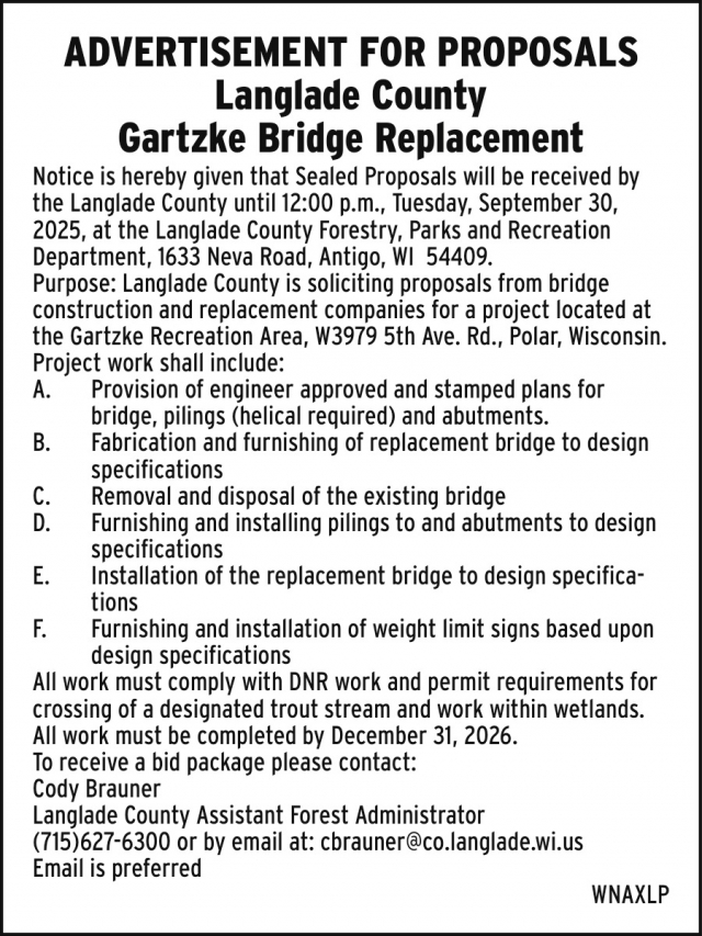 Advertisement for Proposals, Langlade County