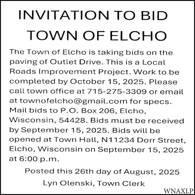 Invitation to Bid, Town Of Elcho, Elcho, WI