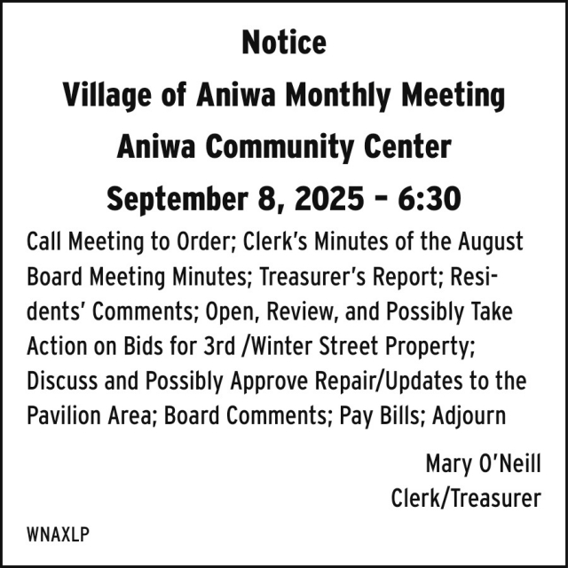 Notice, Village of Aniwa Monthly Meeting at Aniwa Community Center, Aniwa, WI