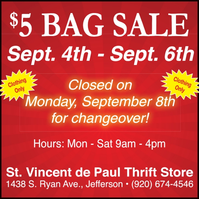$5 Bag Sale, St. Vincent de Paul - Jefferson, Jefferson, WI
