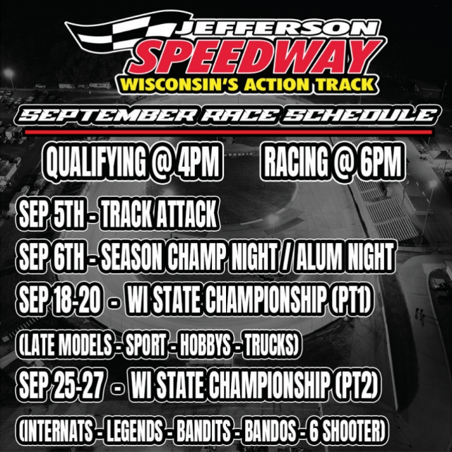 August Race Schedule, Jefferson Speedway, Cambridge, WI