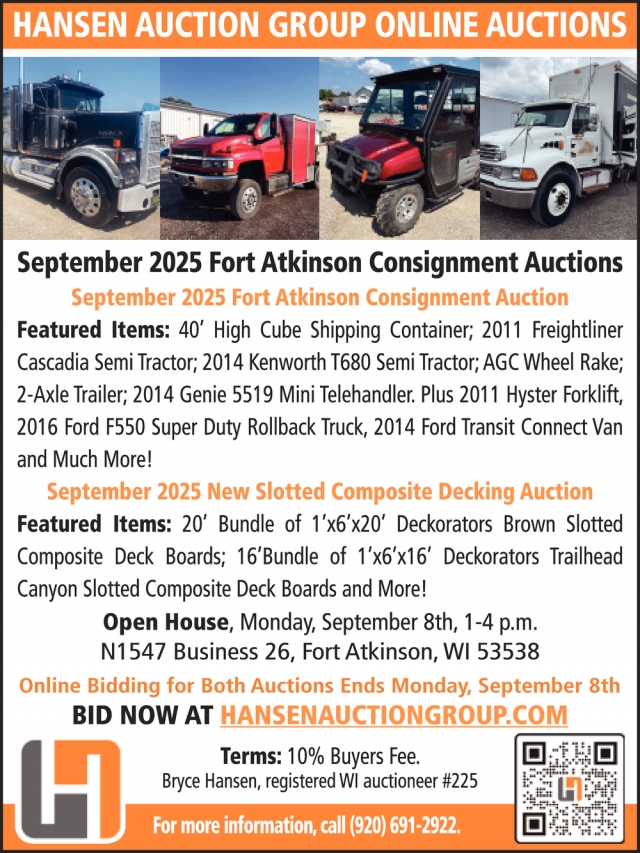 Online Auctions, Hansen Auction Group, Downing, WI