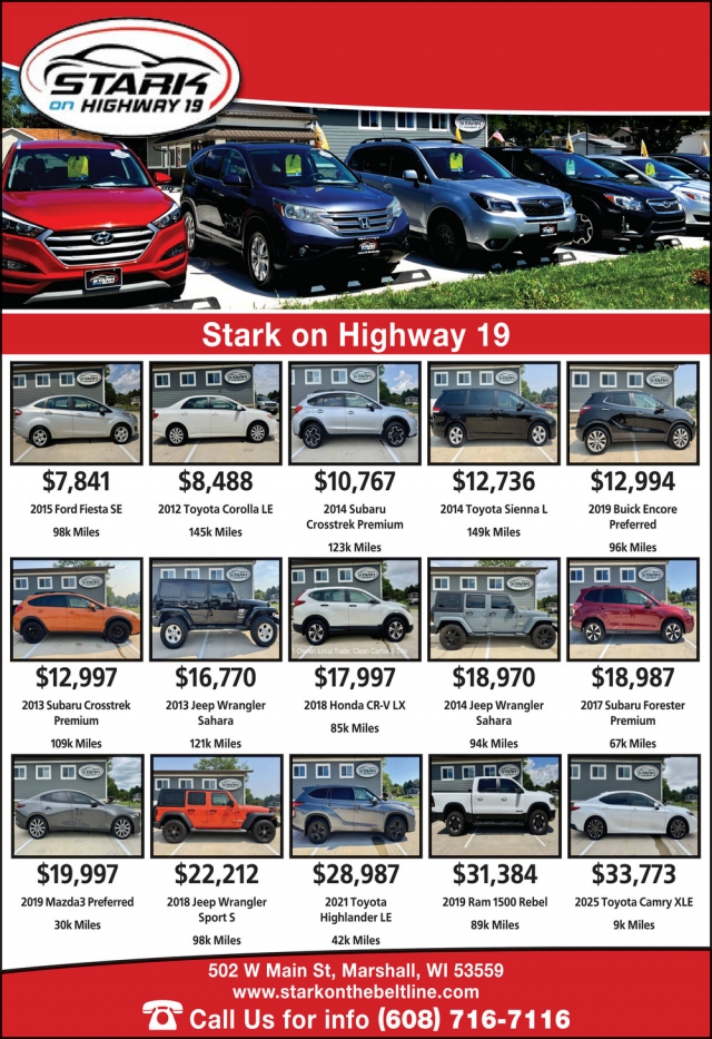 Cars for Sale, Stark on Highway 19, Marshall, WI