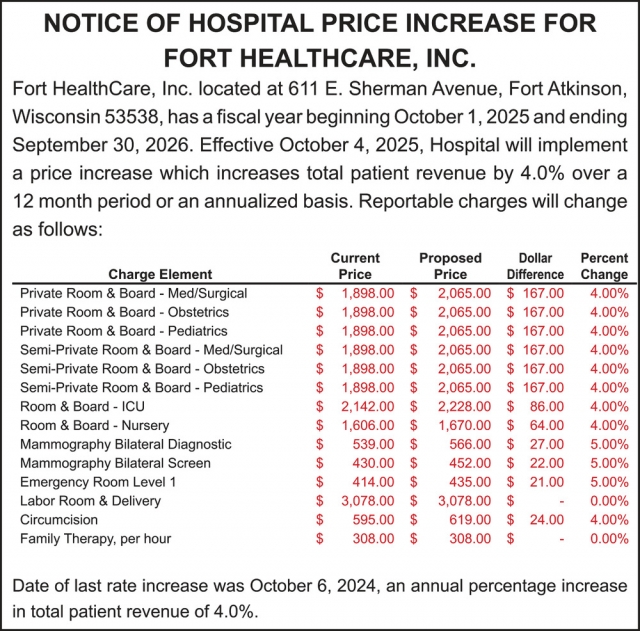 Notice of Hospital Price Increase, Fort HealthCare, Inc.