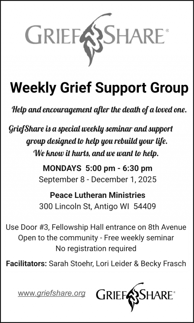 Weekly Grief Support Group, Griefshare Support Group at Peace Lutheran Ministries, Antigo, WI