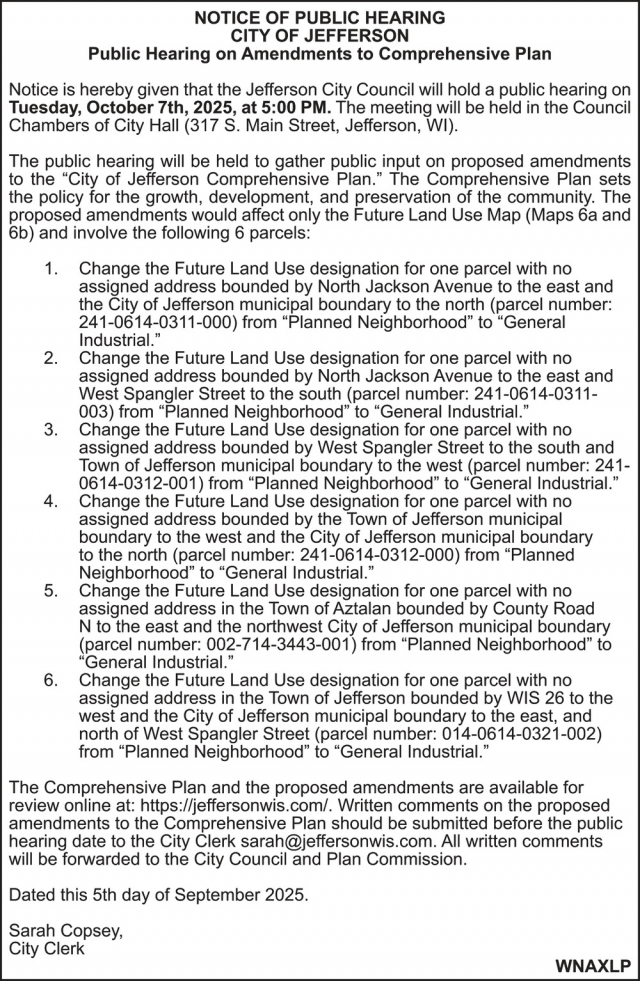 Notice of Public Hearing, City Of Jefferson, Jefferson, WI