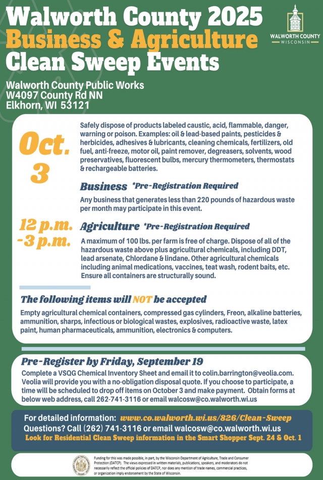 Business & Agriculture Clean Sweep Events, Walworth County Public Works, Elkhorn, WI